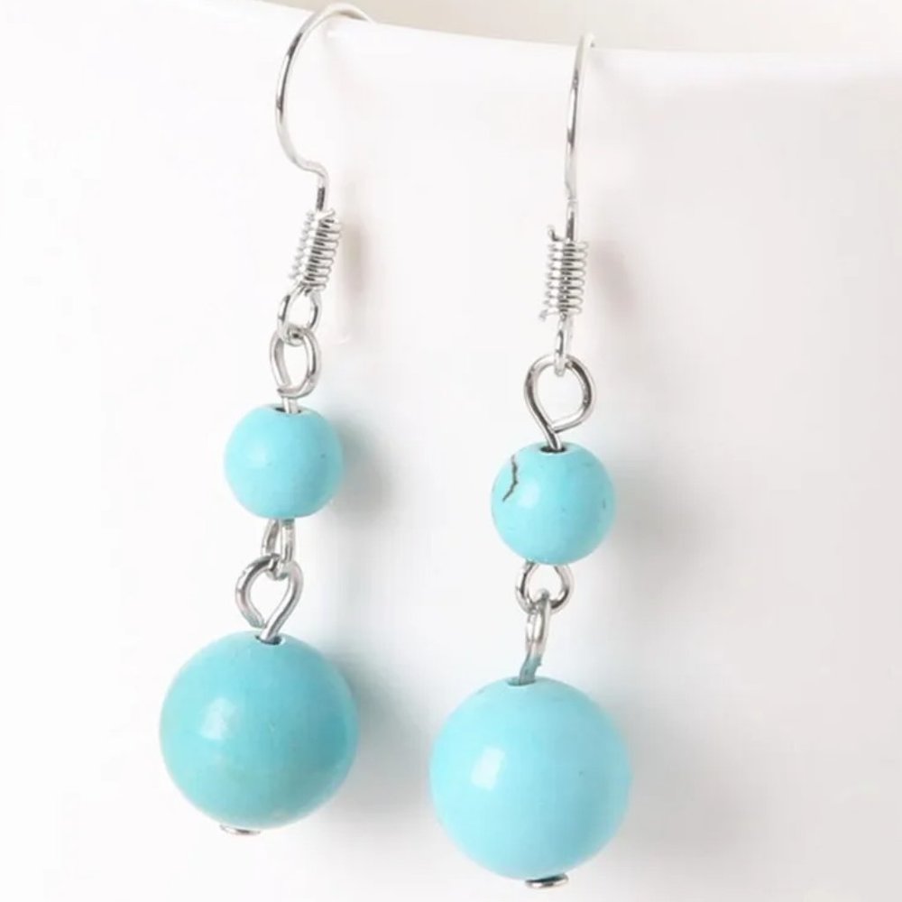 Turquoise Natural Stone Gemstone Round Beaded Healing Dangle Earrings